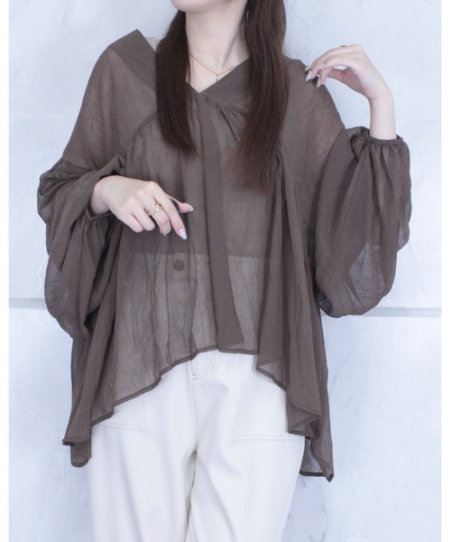 amini（アミニ）の「シアーワッシャーブラウス（シャツ/ブラウス・レディース・ブラック/アイボリー/ブラウン・MEDIUM）」の3枚目の写真