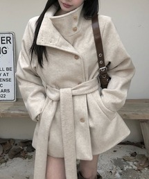 YUGA_YGMC Korean-style Waist-Ribbon Stand-Neck Half-Coat