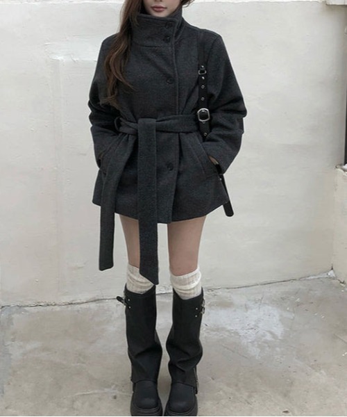 YUGA(ユーガ)の「YUGA_YGMC Korean-style Waist-Ribbon Stand-Neck Half-Coat(ノーカラーコート・レディース・オフホワイト/ベージュ/ダークグレー・FREE)」の19枚目の写真