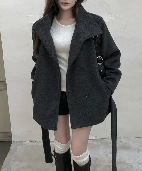 YUGA(ユーガ)の「YUGA_YGMC Korean-style Waist-Ribbon Stand-Neck Half-Coat(ノーカラーコート・レディース・オフホワイト/ベージュ/ダークグレー・FREE)」の20枚目の写真