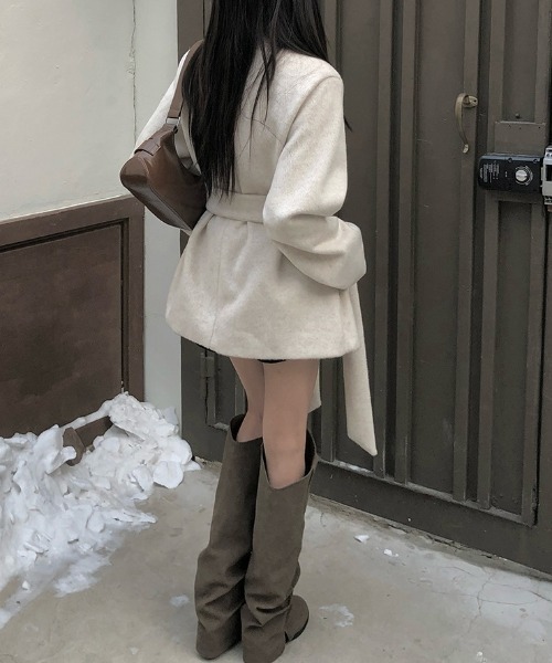 YUGA(ユーガ)の「YUGA_YGMC Korean-style Waist-Ribbon Stand-Neck Half-Coat(ノーカラーコート・レディース・オフホワイト/ベージュ/ダークグレー・FREE)」の14枚目の写真