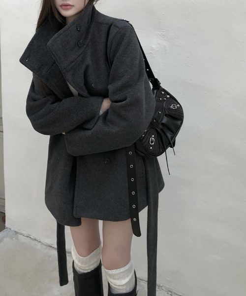 YUGA(ユーガ)の「YUGA_YGMC Korean-style Waist-Ribbon Stand-Neck Half-Coat(ノーカラーコート・レディース・オフホワイト/ベージュ/ダークグレー・FREE)」の21枚目の写真