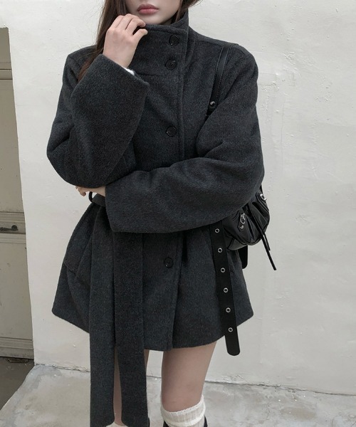 YUGA(ユーガ)の「YUGA_YGMC Korean-style Waist-Ribbon Stand-Neck Half-Coat(ノーカラーコート・レディース・オフホワイト/ベージュ/ダークグレー・FREE)」の18枚目の写真