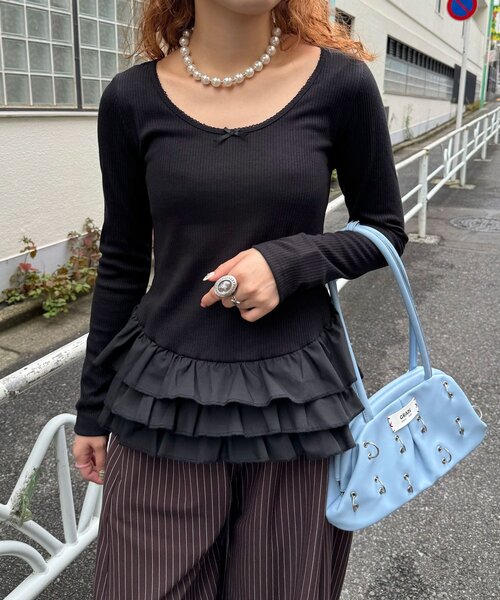 CIAOPANIC(チャオパニック)の「ティアードフリルヘムリブトップス(Tシャツ/カットソー・レディース・ブラック/ホワイト・ONE SIZE)」の11枚目の写真