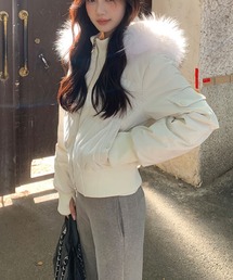ファーフード付き中綿ジャケット ショート丈 リブ切替 フード付きブルゾン 中綿アウター
