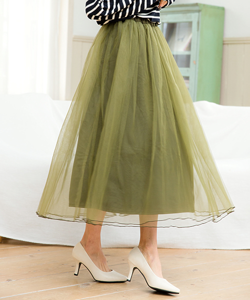 Re:EDIT（リエディ）の「ロング丈ダブルチュールボリュームスカート/シアースカート[Re:EDIT/リエディ]（スカート・レディース・ブラック/アイボリー/カーキ/ネイビー/グレー/ブラウン/モカ・MEDIUM/LARGE）」の6枚目の写真