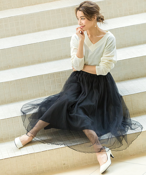 Re:EDIT（リエディ）の「ロング丈ダブルチュールボリュームスカート/シアースカート[Re:EDIT/リエディ]（スカート・レディース・ブラック/アイボリー/カーキ/ネイビー/グレー/ブラウン/モカ・MEDIUM/LARGE）」の2枚目の写真