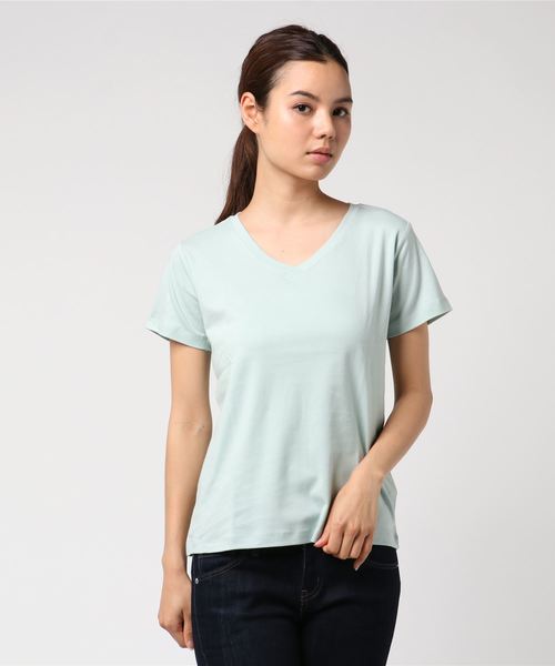 AMERICAN HOLIC（アメリカンホリック）の「60新疆綿スムースVネックTシャツ★（Tシャツ/カットソー・レディース・ピンクベージュ/杢グレー/ダークブルー/モカ/ミント/イエロー/オフホワイト/ブラック・L/M）」の5枚目の写真