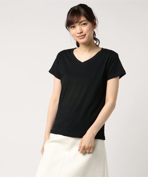 AMERICAN HOLIC（アメリカンホリック）の「60新疆綿スムースVネックTシャツ★（Tシャツ/カットソー・レディース・ピンクベージュ/杢グレー/ダークブルー/モカ/ミント/イエロー/オフホワイト/ブラック・L/M）」の3枚目の写真