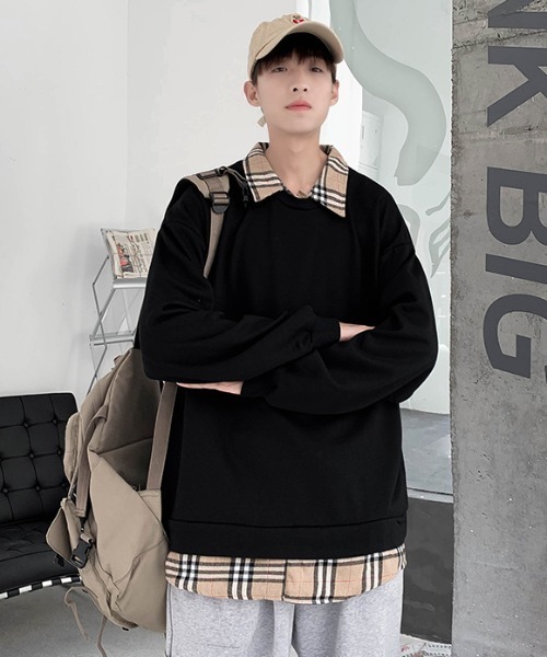 レイヤード トレーナー スウェット 韓国 チェックシャツ hr6170 ロゴ トレーナー レディース 韓国 ファッション チェック ビッグ