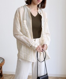 【shemoshelly】バンドカラーワッシャーストライプシアーシャツ