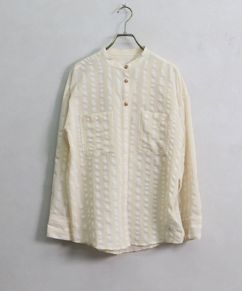 HER CLOSET（ハークローゼット）の「【shemoshelly】バンドカラーワッシャーストライプシアーシャツ（シャツ/ブラウス・レディース・アイボリー/グレイッシュベージュ・M）」の14枚目の写真