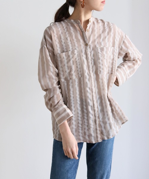 HER CLOSET（ハークローゼット）の「【shemoshelly】バンドカラーワッシャーストライプシアーシャツ（シャツ/ブラウス・レディース・アイボリー/グレイッシュベージュ・M）」の22枚目の写真
