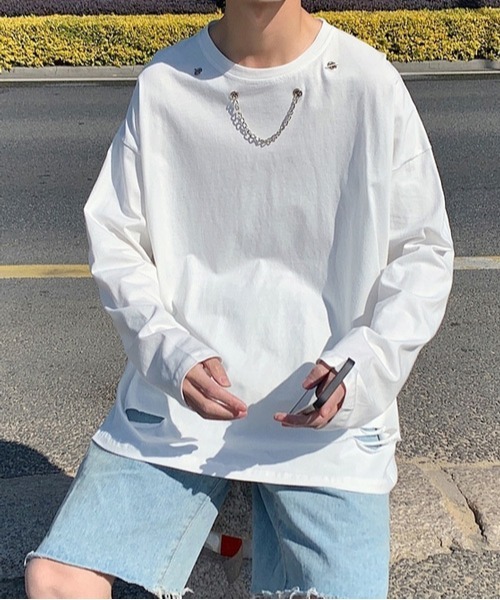 neos(ネオス)の「【neos -addictive design-】ルーズシルエット チェーンデザイン ロングスリーブ Tシャツ(Tシャツ/カットソー・メンズ・ホワイト/ブラック/ピンク/ブルー・MEDIUM/LARGE/X-LARGE)」の1枚目の写真