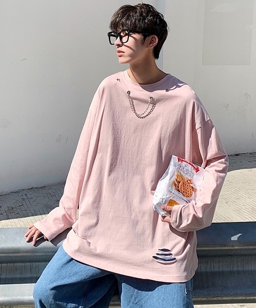 neos(ネオス)の「【neos -addictive design-】ルーズシルエット チェーンデザイン ロングスリーブ Tシャツ(Tシャツ/カットソー・メンズ・ホワイト/ブラック/ピンク/ブルー・MEDIUM/LARGE/X-LARGE)」の4枚目の写真