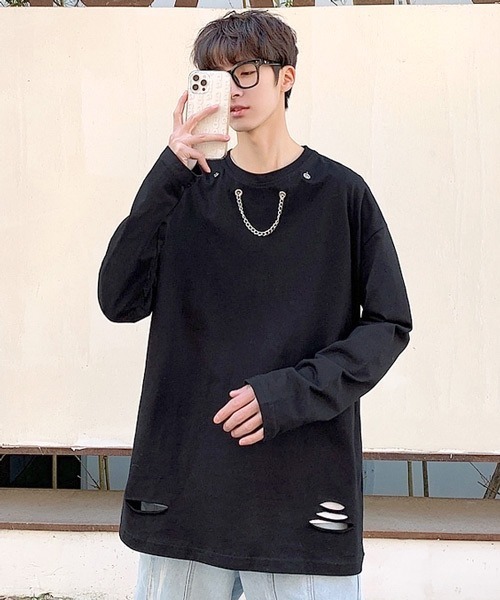 neos(ネオス)の「【neos -addictive design-】ルーズシルエット チェーンデザイン ロングスリーブ Tシャツ(Tシャツ/カットソー・メンズ・ホワイト/ブラック/ピンク/ブルー・MEDIUM/LARGE/X-LARGE)」の2枚目の写真