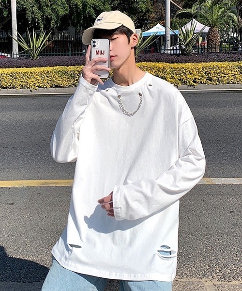 neos(ネオス)の「【neos -addictive design-】ルーズシルエット チェーンデザイン ロングスリーブ Tシャツ(Tシャツ/カットソー・メンズ・ホワイト/ブラック/ピンク/ブルー・MEDIUM/LARGE/X-LARGE)」の5枚目の写真