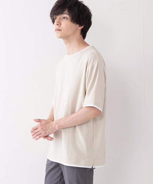 JEANS MATE（ジーンズメイト）の「さらっと快適ブロックインレイ フェイクレイヤードクルーネックTシャツ（Tシャツ/カットソー・メンズ・ベージュ/グリーン/ネイビー・LARGE/MEDIUM/X-LARGE）」の4枚目の写真