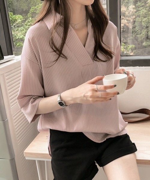 ABITOKYO（アビトーキョー）の「七分袖麻ライクストライプシャツブラウス（シャツ/ブラウス・レディース・ネイビー/ピンク/ホワイト/ブラック/カーキ/ベージュ/グレー/ブルーグレー/イエロー/チャコールグレー・FREE）」の10枚目の写真