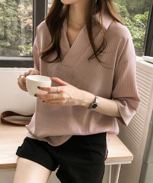 ABITOKYO（アビトーキョー）の「七分袖麻ライクストライプシャツブラウス（シャツ/ブラウス・レディース・ネイビー/ピンク/ホワイト/ブラック/カーキ/ベージュ/グレー/ブルーグレー/イエロー/チャコールグレー・FREE）」の12枚目の写真