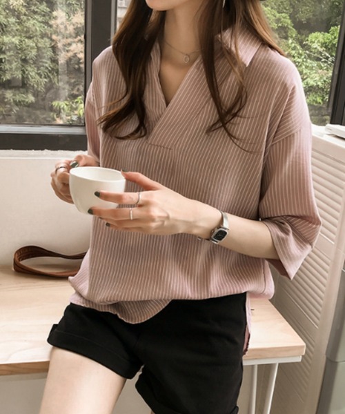 ABITOKYO（アビトーキョー）の「七分袖麻ライクストライプシャツブラウス（シャツ/ブラウス・レディース・ネイビー/ピンク/ホワイト/ブラック/カーキ/ベージュ/グレー/ブルーグレー/イエロー/チャコールグレー・FREE）」の13枚目の写真