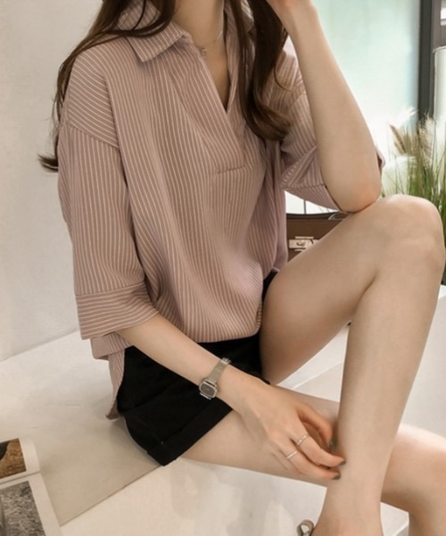 ABITOKYO（アビトーキョー）の「七分袖麻ライクストライプシャツブラウス（シャツ/ブラウス・レディース・ネイビー/ピンク/ホワイト/ブラック/カーキ/ベージュ/グレー/ブルーグレー/イエロー/チャコールグレー・FREE）」の11枚目の写真