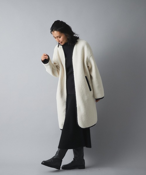 RIVE DROITE（リヴドロワ）の「お出かけが楽しくなるカジュアルコート　ライフエンジョイショッピングボアコート（ノーカラーコート・レディース・オフホワイト/モカ・FREE）」の9枚目の写真