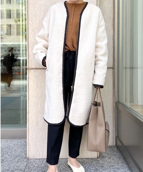 RIVE DROITE（リヴドロワ）の「お出かけが楽しくなるカジュアルコート　ライフエンジョイショッピングボアコート（ノーカラーコート・レディース・オフホワイト/モカ・FREE）」の19枚目の写真