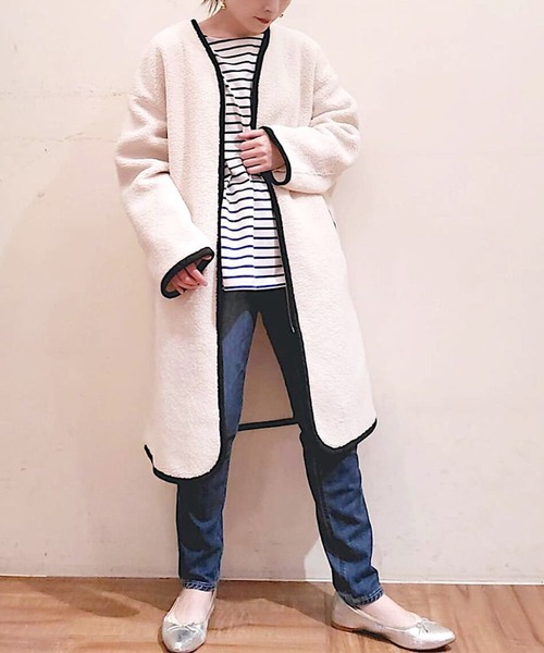 RIVE DROITE（リヴドロワ）の「お出かけが楽しくなるカジュアルコート　ライフエンジョイショッピングボアコート（ノーカラーコート・レディース・オフホワイト/モカ・FREE）」の21枚目の写真