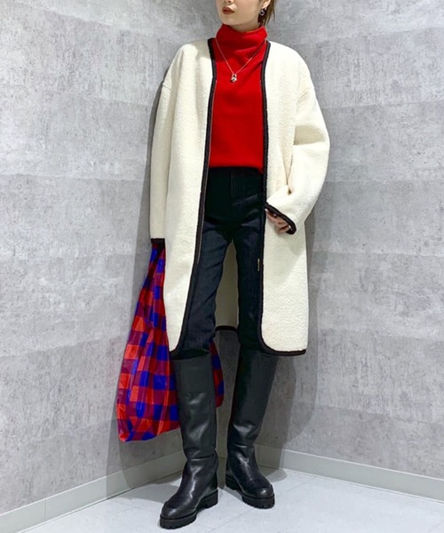 RIVE DROITE（リヴドロワ）の「お出かけが楽しくなるカジュアルコート　ライフエンジョイショッピングボアコート（ノーカラーコート・レディース・オフホワイト/モカ・FREE）」の20枚目の写真