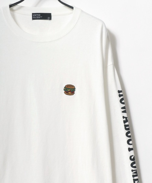 Lazar（ラザル）の「Pizza ＆ Hamburger 別注 ビッグシルエット ワンポイント 刺繍 袖プリント ロングスリーブTシャツ（Tシャツ/カットソー・メンズ・ホワイト/ブラック/ベージュ/ブルー/グリーン/ホワイト系その他/ブラック系その他/ブルーグリーン・LL/M/L）」の4枚目の写真