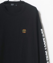 Pizza & Hamburger 別注 ビッグシルエット ワンポイント 刺繍 袖プリント ロングスリーブTシャツ
