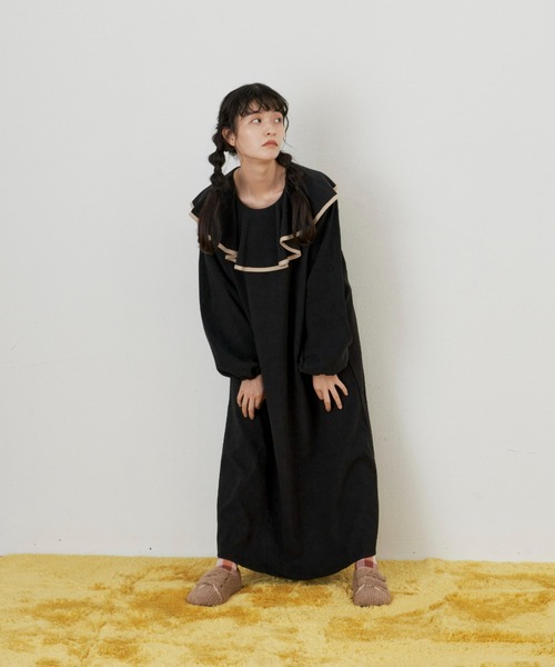 MERLOT(メルロー)の「ビッグピエロ襟ワンピース(ワンピース・レディース・ブラック/カーキ・FREE)」の8枚目の写真