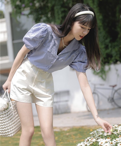 Jewelobe（ジュエローブ）の「オープンカラーレースブラウス（シャツ/ブラウス・レディース・パープル/カーキ/ホワイト・FREE）」の4枚目の写真