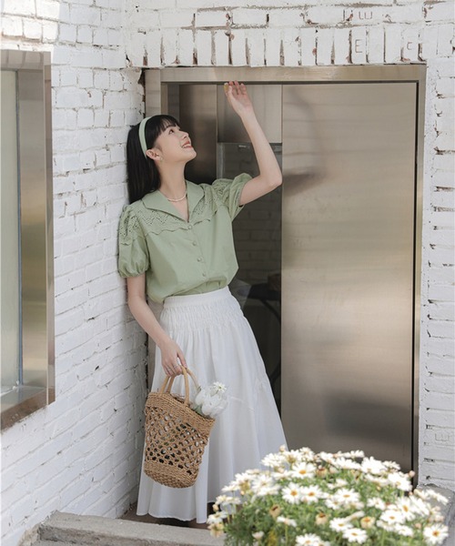 Jewelobe（ジュエローブ）の「オープンカラーレースブラウス（シャツ/ブラウス・レディース・パープル/カーキ/ホワイト・FREE）」の7枚目の写真