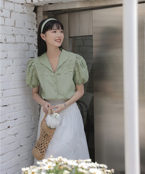 Jewelobe（ジュエローブ）の「オープンカラーレースブラウス（シャツ/ブラウス・レディース・パープル/カーキ/ホワイト・FREE）」の8枚目の写真