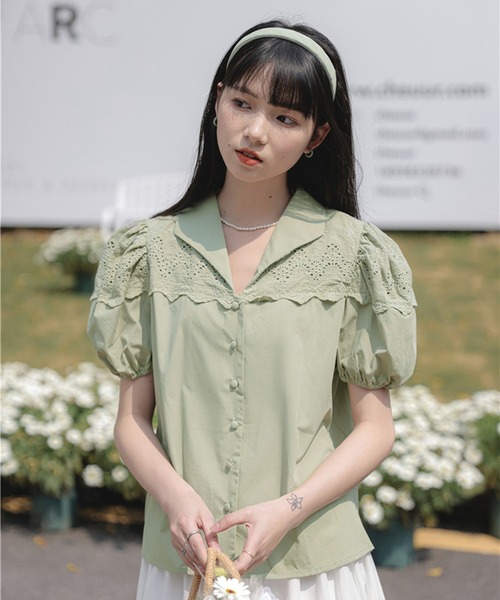 Jewelobe（ジュエローブ）の「オープンカラーレースブラウス（シャツ/ブラウス・レディース・パープル/カーキ/ホワイト・FREE）」の17枚目の写真