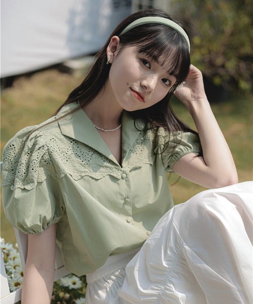 Jewelobe（ジュエローブ）の「オープンカラーレースブラウス（シャツ/ブラウス・レディース・パープル/カーキ/ホワイト・FREE）」の12枚目の写真