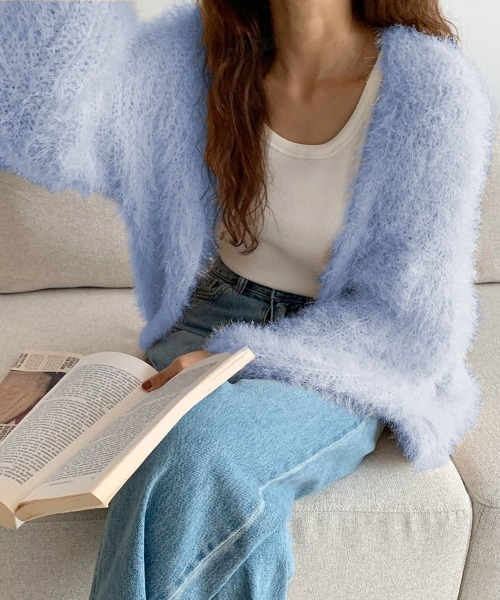 Dalfwin(ダールフィン)の「2022 AW 秋冬 韓国ファッション ニット レディース シャギーニットカーディガン レディース ピンク(カーディガン/ボレロ・レディース・チャコールグレー/パープル/ピンク/アイボリー・FREE)」の3枚目の写真