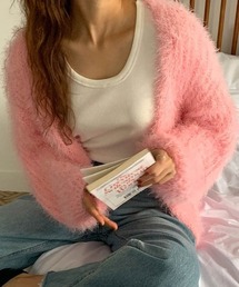 Dalfwin | 2022 AW 秋冬 韓国ファッション ニット レディース　シャギーニットカーディガン レディース  ピンク(カーディガン/ボレロ)