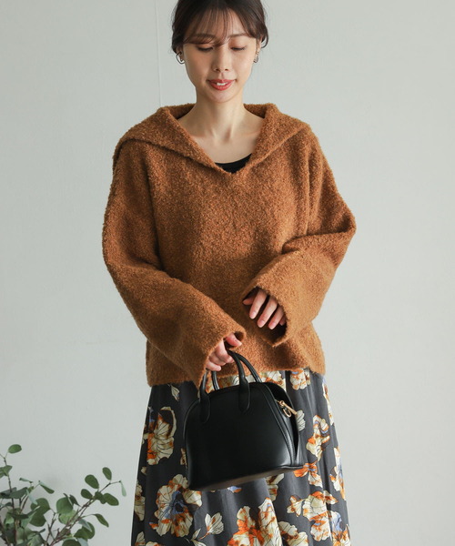 URBAN RESEARCH DOORS（アーバンリサーチドアーズ）の「ブークレセーラーカラーKNIT（ニット/セーター・レディース・グレー/キャメル・MEDIUM）」の14枚目の写真