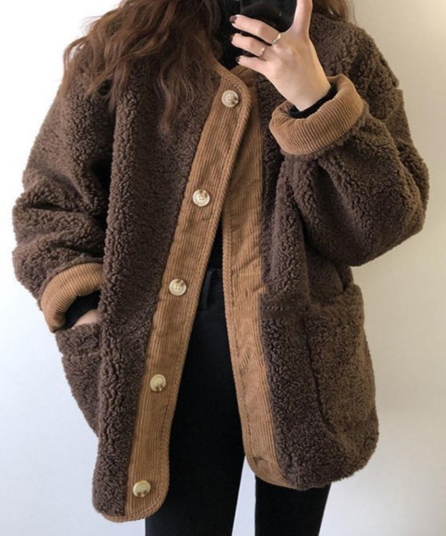 CLEA（クレア）の「コーデュロイ配色オーバーボアコート（ノーカラーコート・レディース・アイボリー/ブラウン・FREE）」の6枚目の写真