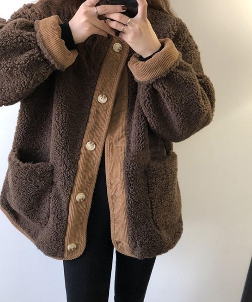 CLEA（クレア）の「コーデュロイ配色オーバーボアコート（ノーカラーコート・レディース・アイボリー/ブラウン・FREE）」の7枚目の写真