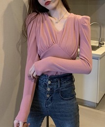 Vネックシャーリングパフ長袖Tシャツ