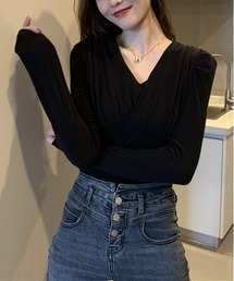 Vネックシャーリングパフ長袖Tシャツ