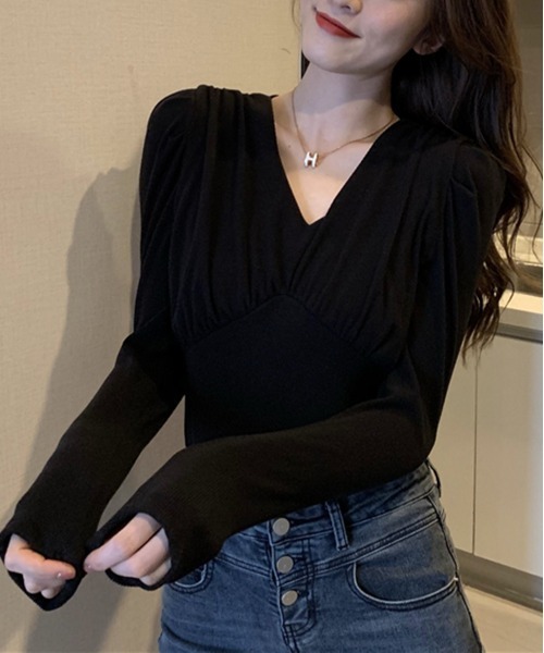 by muni:r(バイ ムニール)の「Vネックシャーリングパフ長袖Tシャツ(Tシャツ/カットソー・レディース・ピンク/アイボリー/ブラック・FREE)」の12枚目の写真