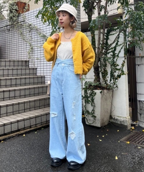 セール】ウエストリボンワイドデニム(デニムパンツ セール】ウエストリボンワイドデニム(デニムパンツ