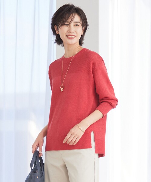 J.PRESS(ジェイプレス)の「【洗える・吸水速乾】 マーセライズコードリネン ニット(ニット/セーター・レディース・ダルブルー系/ベージュ系/レッド系/ピーコックグリーン系・T15/T13)」の4枚目の写真