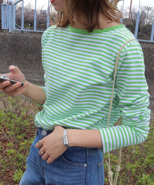 AMERICAN HOLIC（アメリカンホリック）の「ボーダーカットプルオーバー1（Tシャツ/カットソー・レディース・イエロー/ネイビー/グリーン/ブルー/ブラック/サックスブルー・M/L）」の7枚目の写真