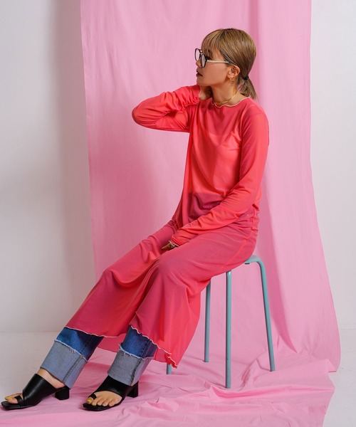 bohmal（ボマール）の「配色メローシアーロングワンピース（ワンピース・レディース・ライム/ピンク/アイボリー/ブラック/ブルー/パープル・FREE）」の8枚目の写真